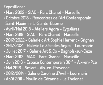 Expositions : • Mars 2022 - SIAC - Parc Chanot - Marseille • Octobre 2018 - Rencontres de l’Art Contemporain Saint-Maximin-la-Sainte-Baume • Avril/Mai 2018 - Ateliers Agora - Eyguières • Mars 2018 - SIAC - Parc Chanot - Marseille • 2017/2022 - Galerie d’Art Sophie Herrent - Grignan • 2017/2021 - Galerie Le Zèle des Anges - Lourmarin • Juillet 2017 - Galerie Art & Co - Bagnols-sur-Cèze • Mars 2017 - SIAC - Parc Chanot - Marseille • Juin 2016 - Espace Contemporain 361° - Aix-en-Pce • Mai 2016 - Sm’art - Aix-en-Provence • 2012/2014 - Galerie Caroline d’Avril - Lourmarin • Août 2011 - Moulin de Cézanne - Le Tholonet